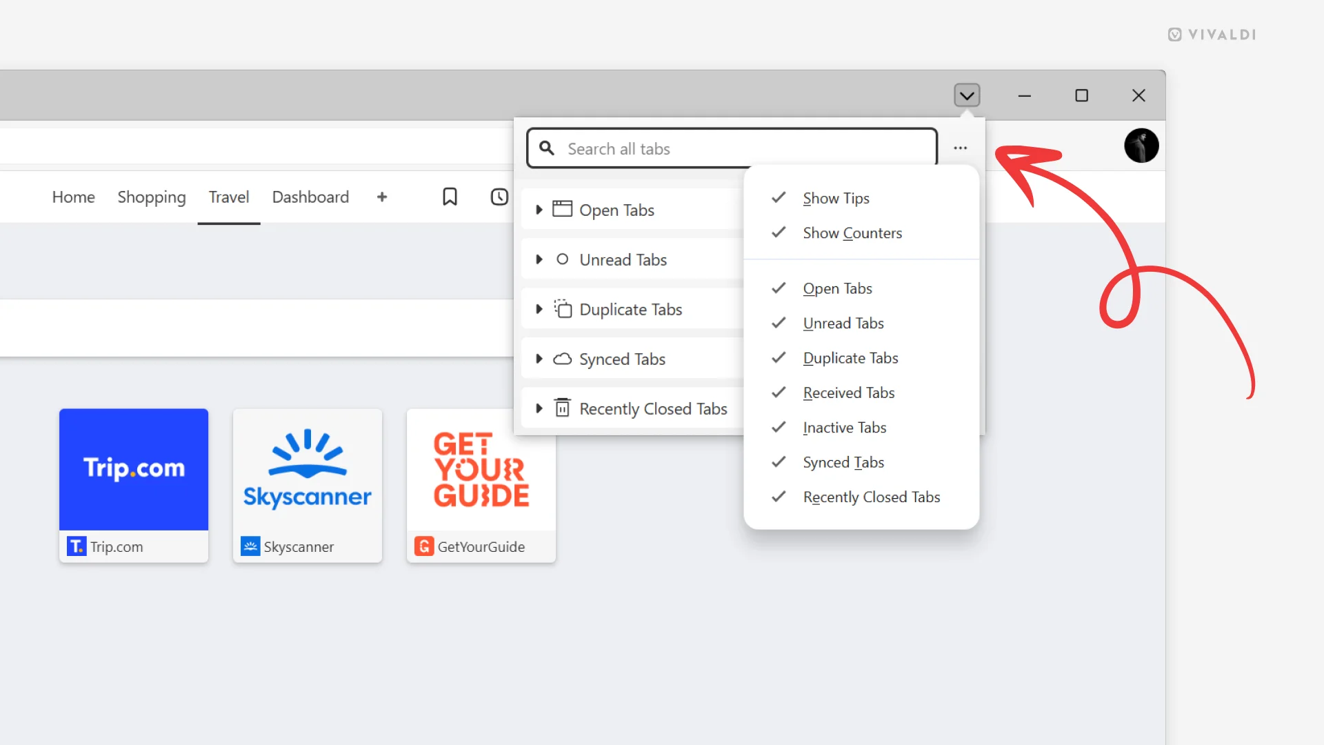 Top right corner of the Vivaldi browser window with the Tab Button popup open. On top of that, there's a Display Options menu open and an arrow points at the 3-dot menu button from which the menu is opened from.