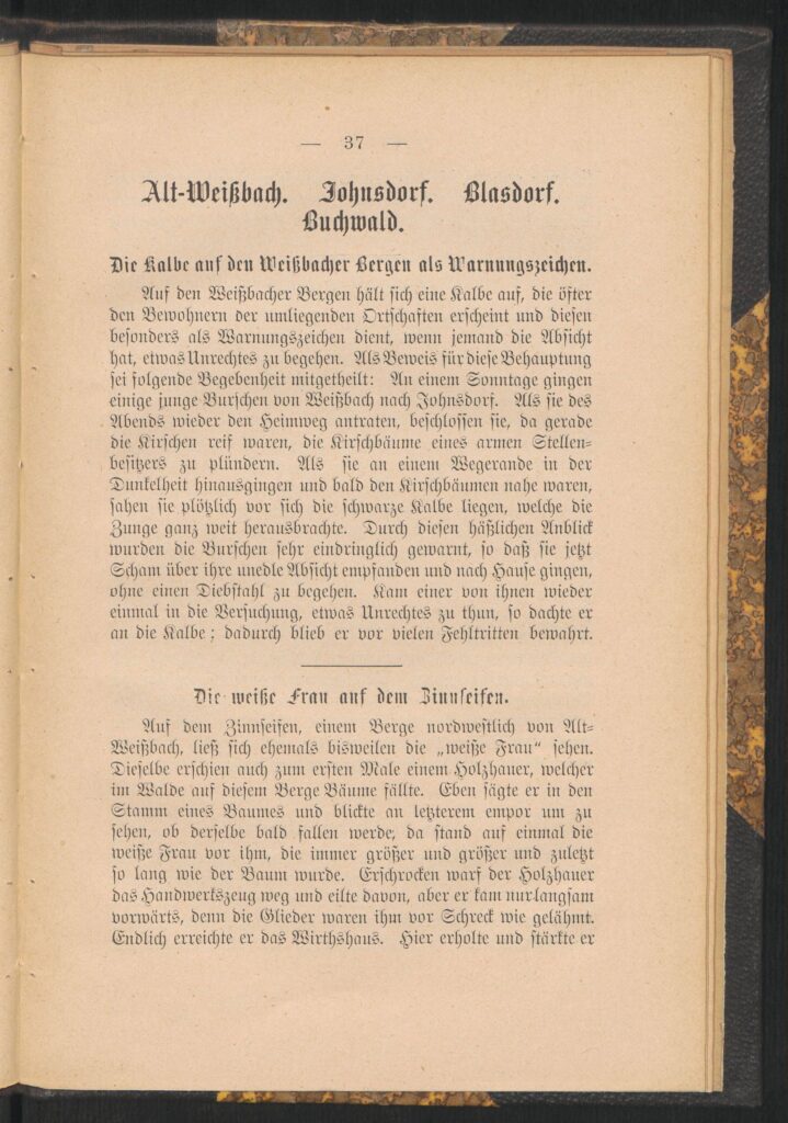 A page from an old German collection of folk tales, written in the Fraktur typeset. It features the tale "Die Kalbe auf dem Weißbacher Bergen als Warnungszeichen". A page from an old German collection of folk tales, written in the Fraktur typeset. It features the tale "Die Kalbe auf dem Weißbacher Bergen als Warnungszeichen".