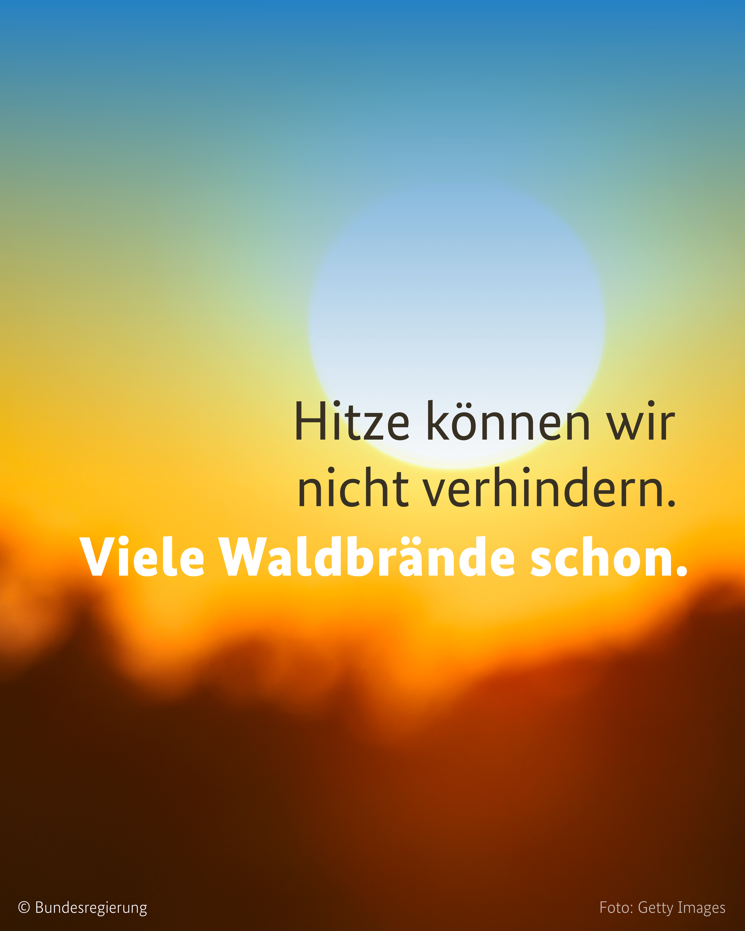 Bild von der Sonne und einem Wald. In dem Bild steht: Hitze können wir nicht verhindern. Viele Waldbrände schon.