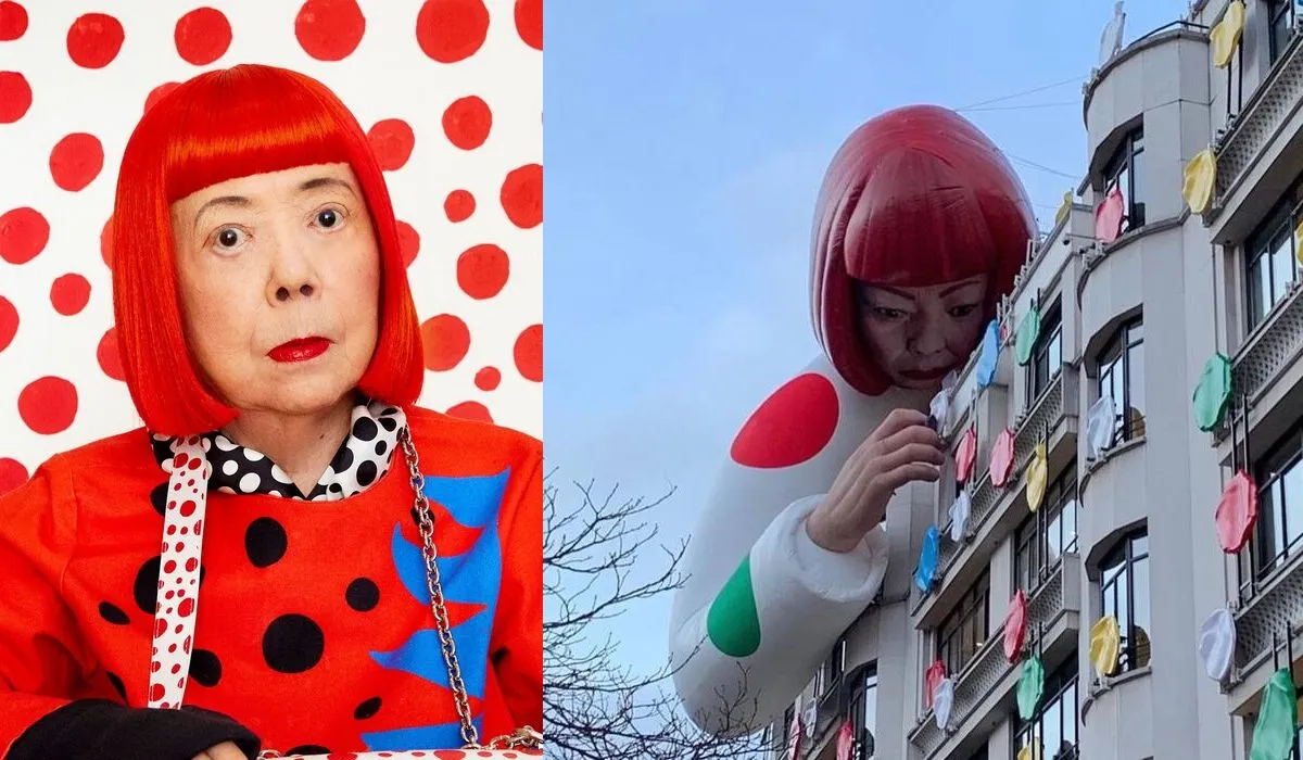 Split image showing Yayoi Kusama in a red wig against a red-dot background and a giant figure made in her likeness leaning over the Louis Vuitton façade on the Champs-Élysées in Paris