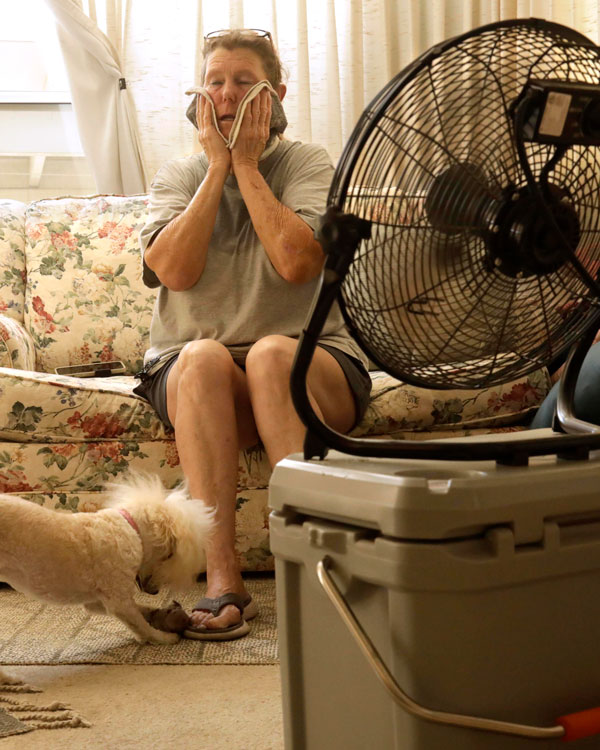 Diane McClinden, 63, presses a wet towel to her face as she and her dog Frankie cool off in front of the fan in their trailer in Desert Hot Springs.