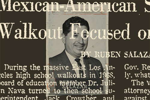 A photo illustration with an image of Ruben Salazar and a newspaper clipping.