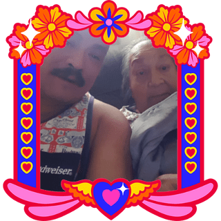 Photo of Loretta Guillen in an illustrated frame of hearts and flowers. along the bottom is a pink and blue heart with wings.
