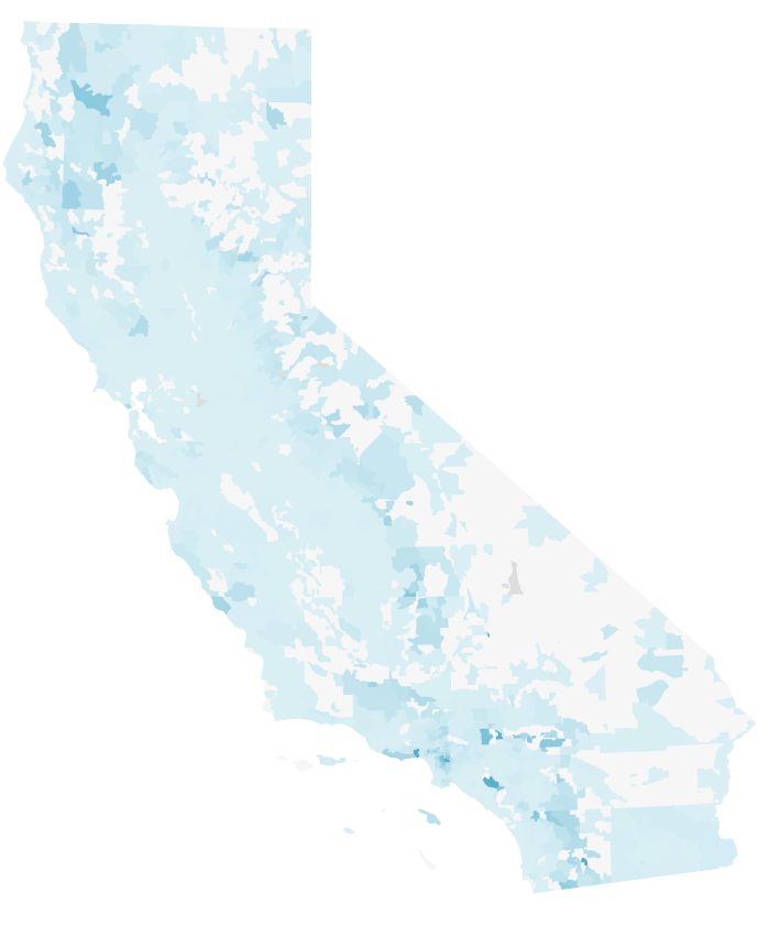 A choropleth map of California ZIP codes shows most ZIP codes are lightly shaded in 2018, indicating low shares of Fair Plan coverage.