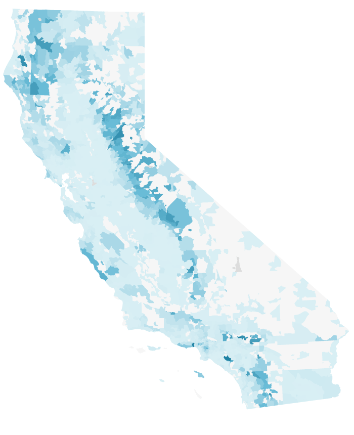 A choropleth map of California ZIP codes in 2021 shows more areas with higher FAIR Plan shares than in 2018, particularly in the Sierra Nevada foothills.