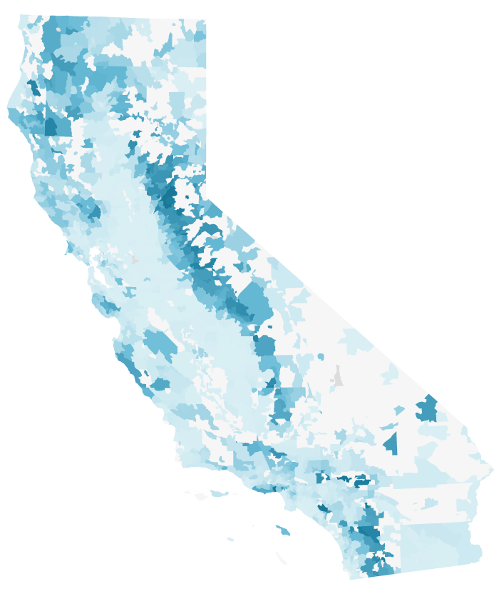 A choropleth map of California ZIP codes shows high FAIR Plan shares spreading along the Interstate 215 corridor in 2024.