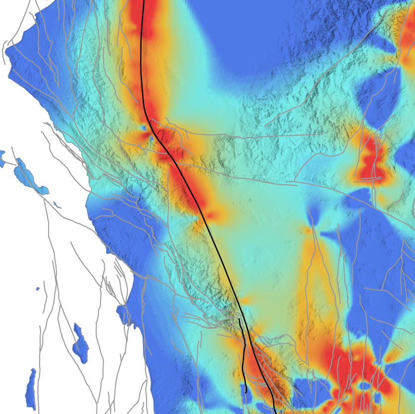 Map of the Southern California region showing tectonic stress levels along the San Andreas and San Jacinto faults
