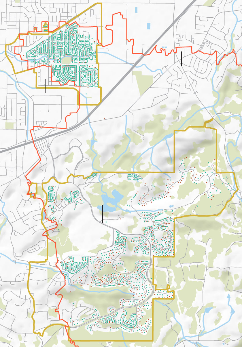 Map of two Santa Rosa neighborhoods showing where homes have been rebuilt after the Tubbs fire.